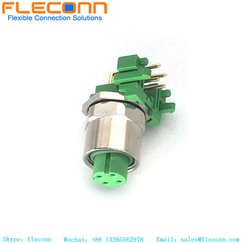 M12 Connector 4 Pin D-Code Female, Green Rubber Core Pcb Plug-In Elbow