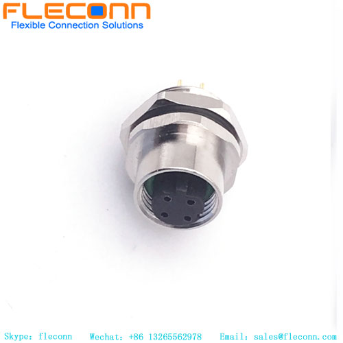 M12 PCB Panel Mount Connector, 4 Pins, Female, Rear Lock