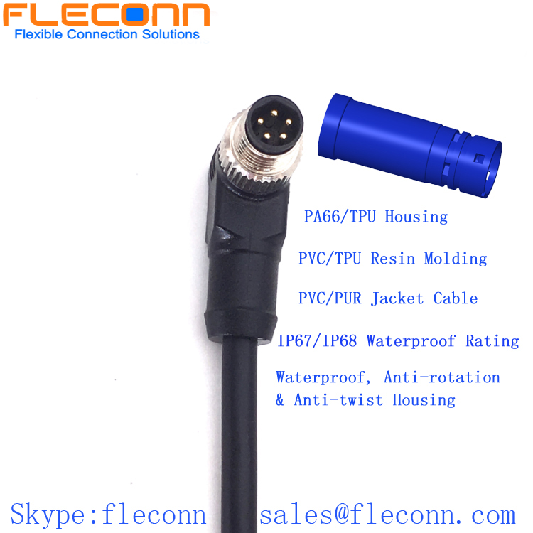 IP67 IP68 Waterproof Rating M8 Connector Cable, Right Angle Molded Cordset