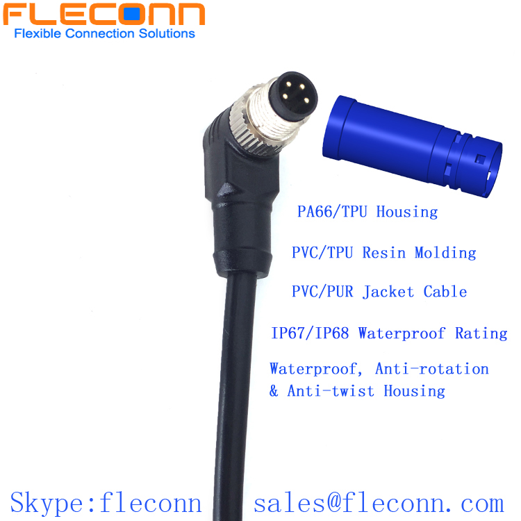 IP68 Waterproof M8 4 Pin Male Connector Cable, 90 Degree Angle TPU Molded Connector Cable