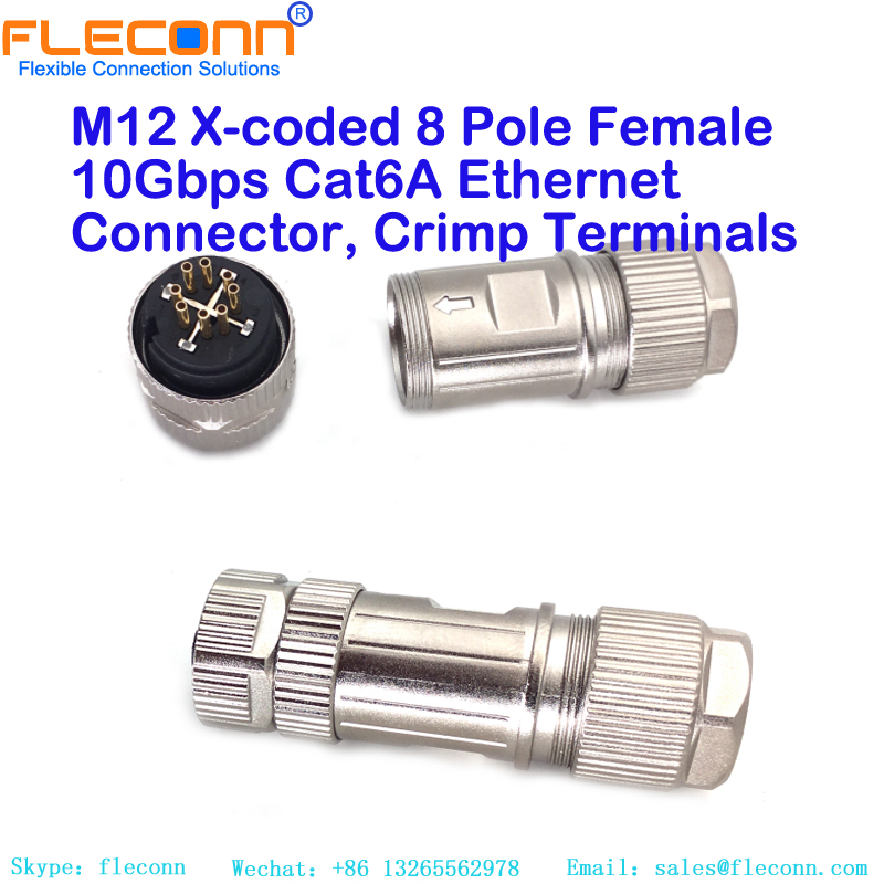 M12 X-coded 8 Pole Female Ethernet Connector M12 X-coded 8 Pole Female 10Gbps Cat6A Ethernet Connector, Crimp Terminals